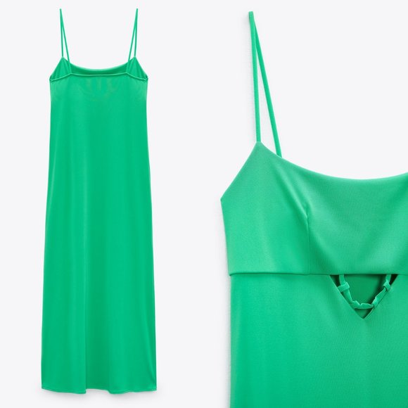 NEW Zara Stretch Knit Cutout Detail Long Maxi Slip Dress Size L Emerald Green - Picture 5 of 11